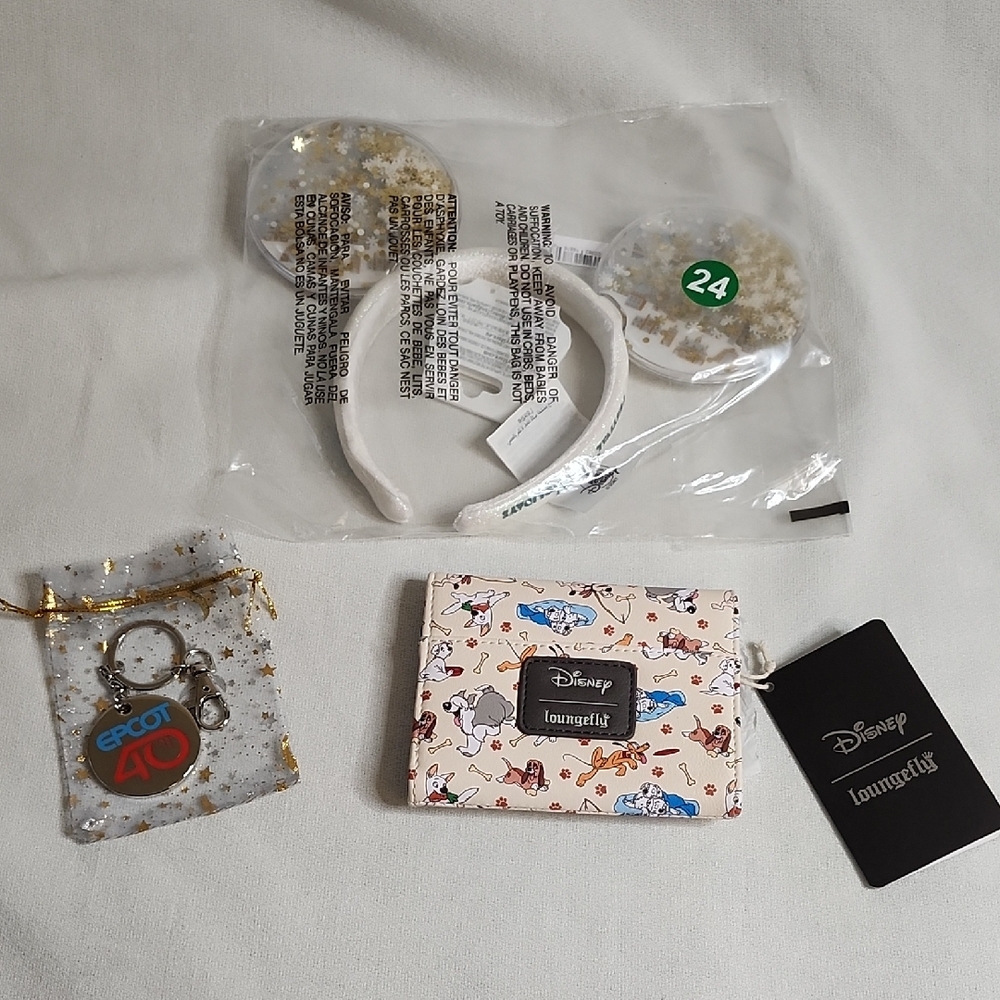 2024 Disney Snowglobe Ears, Epcot "40" Keychain & Loungefly Dogs Wallet Set